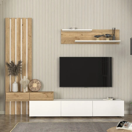 Σύνθεση τηλεόρασης Rosaline Megapap χρώμα λευκό - sepet oak 233x31,3x196,8εκ.