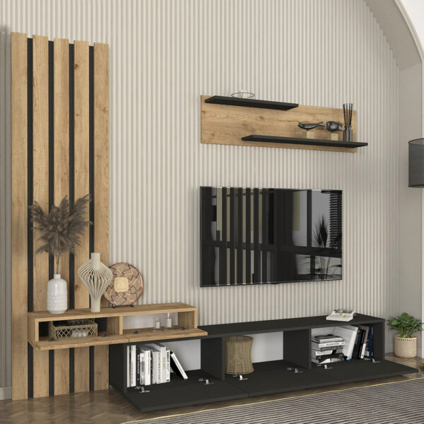 Σύνθεση τηλεόρασης Rosaline Megapap χρώμα ανθρακί - sepet oak 233x31,3x196,8εκ.