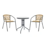 Tραπεζαρία Watson-Lindaria  σετ 3τεμ μέταλλο ανθρακί-γυαλί- pe rattan σε φυσική απόχρωση Φ60x70εκ