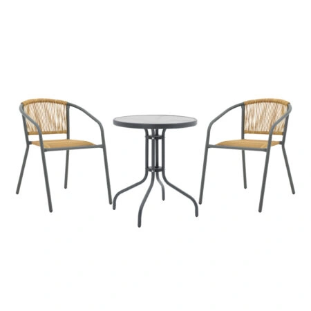 Tραπεζαρία Watson-Lindaria  σετ 3τεμ μέταλλο ανθρακί-γυαλί- pe rattan σε φυσική απόχρωση Φ60x70εκ