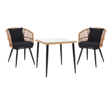 Τραπεζαρία Naoki σετ 3 τεμ  μέταλλο μαύρο-pe φυσικό-γυαλί 80x80x78εκ