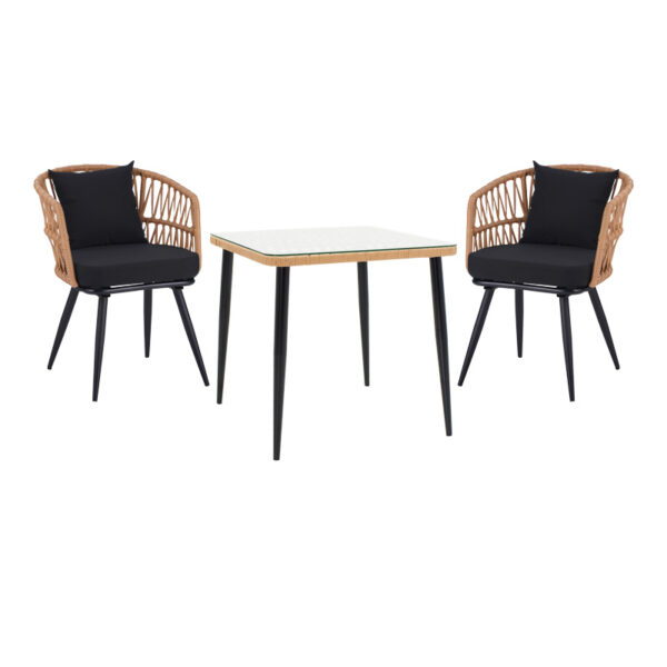 Τραπεζαρία Naoki σετ 3 τεμ  μέταλλο μαύρο-pe φυσικό-γυαλί 80x80x78εκ