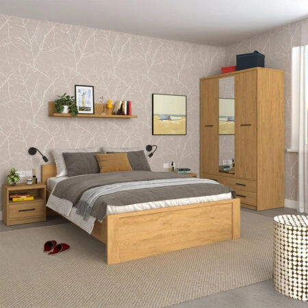 Σετ Κρεβατοκάμαρας 5 τεμ Κρεβάτι Διπλό + Ντουλάπα + Πάτωμα+ Ράφι + Κομοδίνο Βελανιδιά 160x200