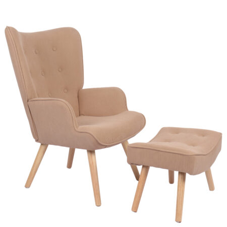 Πολυθρόνα Μπερζέρα Με Υποπόδιο ANIDORI Ανοιχτό Καφέ Ύφασμα/Ξύλο 73x69x96cm