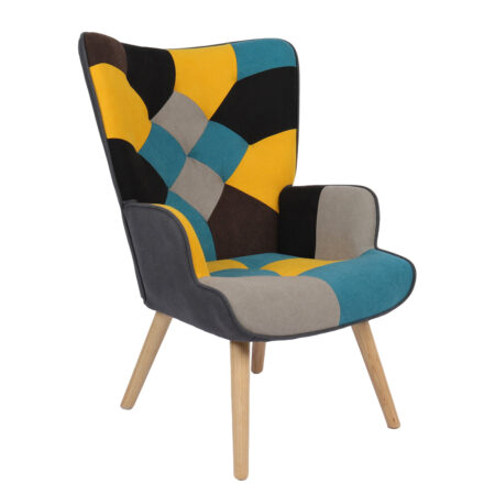 Πολυθρόνα BRIAR Κίτρινο/Μπλε Patchwork Ύφασμα/Ξύλο 73x69x96cm