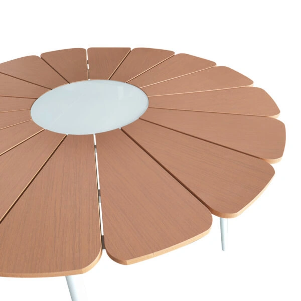 Τραπέζι Pinap  λευκό αλουμίνιο και plywood σε φυσική απόχρωση Φ110x74εκ