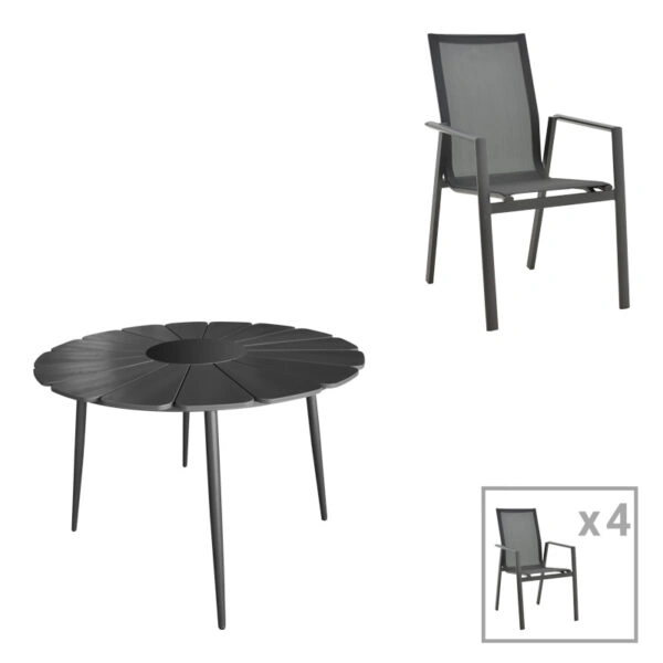 Τραπεζαρία Pinap-Dashiell σετ 5τεμ  μαύρο αλουμίνιο και plywood σε μαύρη απόχρωση Φ110x74εκ