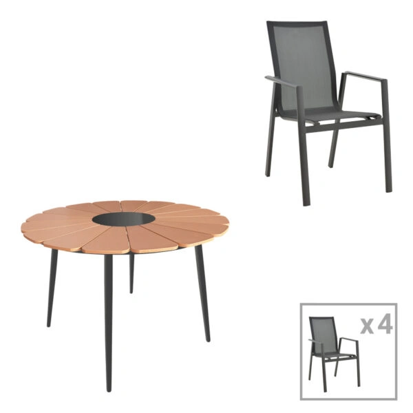 Τραπεζαρία Pinap-Dashiell σετ 5τεμ  μαύρο αλουμίνιο και plywood σε φυσική απόχρωση Φ110x74εκ