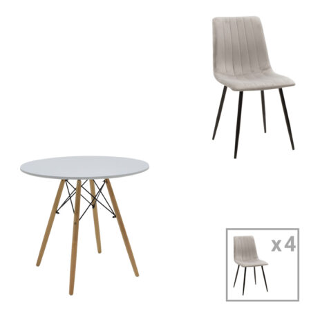 Τραπεζαρία Julita-Noor  σετ 5τεμ MDF λευκό-γκρι-πόδια φυσικό Φ80x73εκ