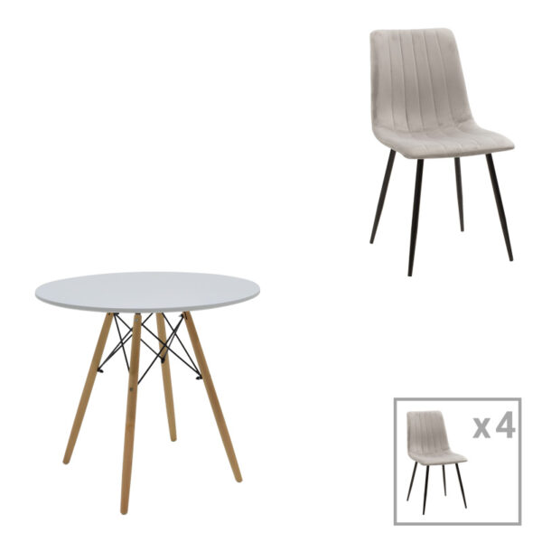 Τραπεζαρία Julita-Noor  σετ 5τεμ MDF λευκό-γκρι-πόδια φυσικό Φ80x73εκ