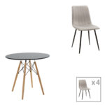 Τραπεζαρία Julita-Noor  σετ 5τεμ MDF μαύρο-γκρι-πόδια φυσικό Φ80x73εκ