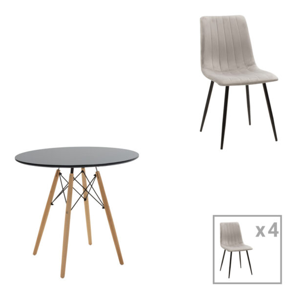 Τραπεζαρία Julita-Noor  σετ 5τεμ MDF μαύρο-γκρι-πόδια φυσικό Φ80x73εκ