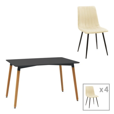 Τραπεζαρία Natali-Noor  σετ 5τεμ MDF μαύρο-μπεζ ύφασμα 120x80x76εκ