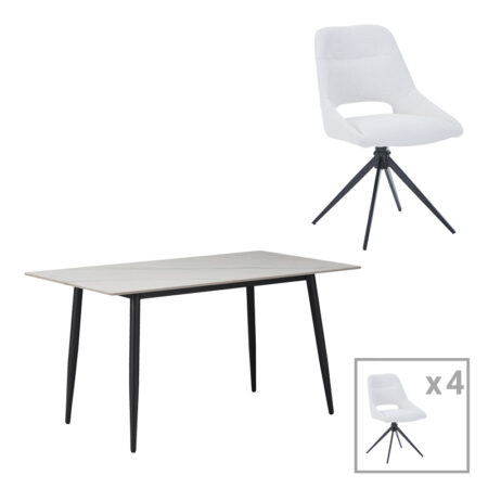 Τραπεζαρία Gustas-Luciano I  σετ 5τεμ λευκό μαρμάρου-κρεμ υφασμα 120x80x76εκ