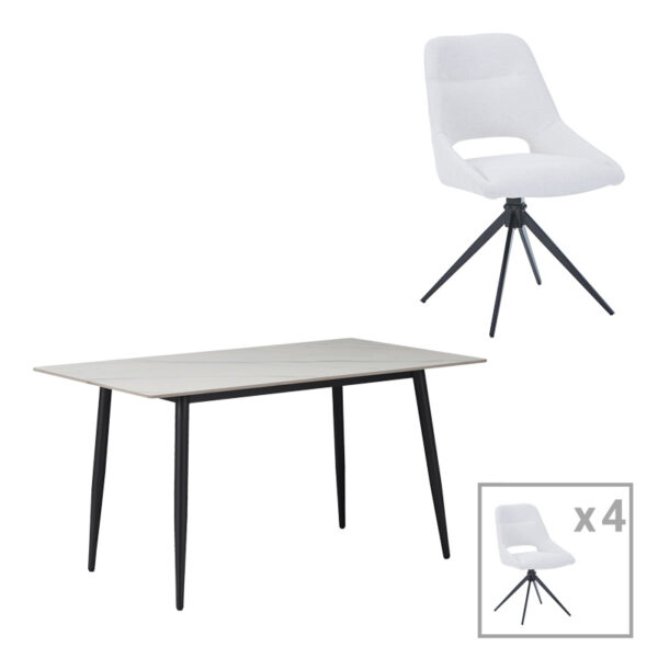 Τραπεζαρία Gustas-Luciano I  σετ 5τεμ λευκό μαρμάρου-κρεμ υφασμα 120x80x76εκ