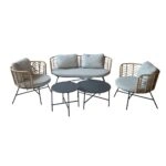 Artekko Rattan Διθέσιος Καναπές (155x75x73)cm 2x Πολυθρόνες (80x75x73)cm 2x Τραπεζάκια (70x70x35) (50x50x45)cm Μεταλλικός Γκρι Σκελετός με Παστικ. Ρατάν σε Φυσική Απόχρωση και Μπεζ Γκρι Μαξιλάρια Σετ/4