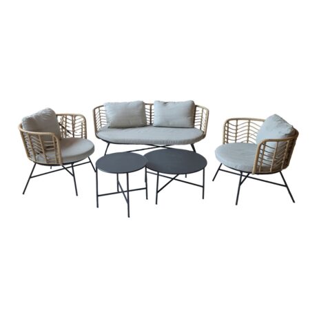 Artekko Rattan Διθέσιος Καναπές (155x75x73)cm 2x Πολυθρόνες (80x75x73)cm 2x Τραπεζάκια (70x70x35) (50x50x45)cm Μεταλλικός Γκρι Σκελετός με Παστικ. Ρατάν σε Φυσική Απόχρωση και Μπεζ Γκρι Μαξιλάρια Σετ/4
