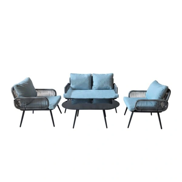 Artekko Rattan Διθέσιος Καναπές (120x70x75)cm 2x Πολυθρόνες (60x75x75)cm Τραπέζι με Τζάμι (110x55x40)cm με Πλαστικ Κορδόνι Μεταλλικό Σκελετό Γκρι και Γαλάζιο Μαξιλάρι Σετ/4