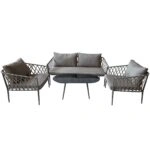 Artekko Rattan Καναπές (160x75x72)cm 2x Πολυθρόνες (76x75x72)cm Τραπέζι με Τζάμι (110x55x42)cm με Πλαστικ Κορδόνι Μεταλλικό Σκελετό Γκρι και Γκρι Μαξιλάρι Σετ/4