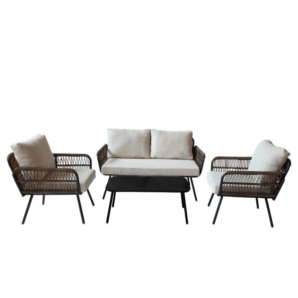 Artekko Rattan Καναπές (140x75x75)cm 2x Πολυθρόνες (66x75x75)cm Τραπέζι με Τζάμι (91x51x40)cm με Πλαστικ Κορδόνι Μεταλλικό  Μαύρο Σκελετό και Μπεζ Μαξιλάρι Σετ/4