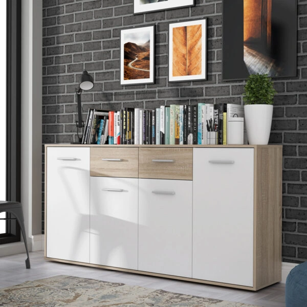 Μπουφές Drepen μελαμίνη σε λευκό και sonoma χρώμα 162.3x34.2x81.7εκ