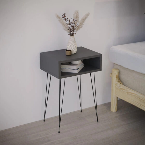Κομοδίνο Naida σε ανθρακί απόχρωση -μαύρα μεταλλικά πόδια 40x30x59εκ