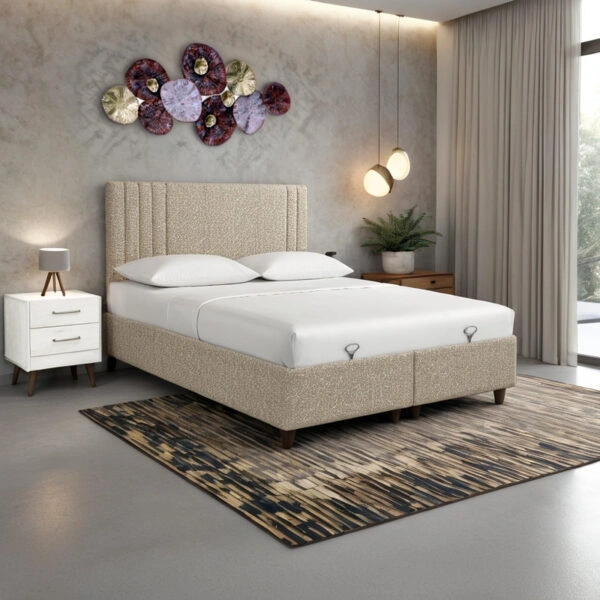 Κρεβάτι με αποθηκευτικό χώρο Lineo μπουκλέ σε μπεζ απόχρωση 160x200εκ