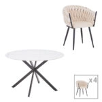 Τραπεζαρία Vivian-Stoyen  5τεμ μπεζ βελούδο - λευκό με μαύρο μαρμάρου Φ120x75εκ