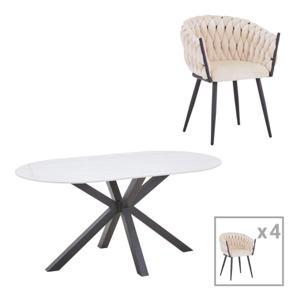 Τραπεζαρία Vivian-Makrey  5τεμ μπεζ βελούδο - λευκό μαρμάρου 160x90x75εκ