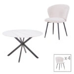 Τραπεζαρία Karg-Stoyen  5τεμ λευκό ύφασμα - λευκό-μπεζ μαρμάρου Φ120x75εκ