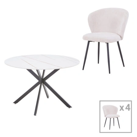 Τραπεζαρία Karg-Stoyen  5τεμ λευκό ύφασμα - λευκό-μπεζ μαρμάρου Φ120x75εκ