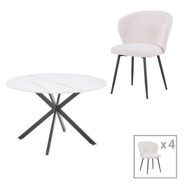 Τραπεζαρία Karg-Stoyen  5τεμ λευκό ύφασμα - λευκό-μπεζ μαρμάρου Φ120x75εκ