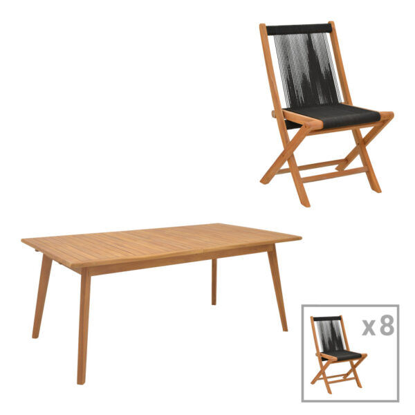 Τραπεζαρία 9 τεμ. Banou-Pino  teak ξύλο σε φυσική - μαυρη απόχρωση 180/240x100x75εκ