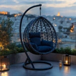 Κούνια φωλιά με βάση Lyere pakoworld μέταλλο γκρι-pe rattan σε γκρι απόχρωση 120x108x195εκ