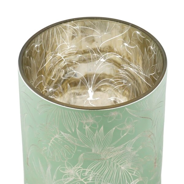 Φανάρι Καταιγίδας Cylindrical "Tropic" Leaf Motif Γυάλινο Πράσινο Pink PU 18 Pcs. Assorted H. cm D. 7 cm