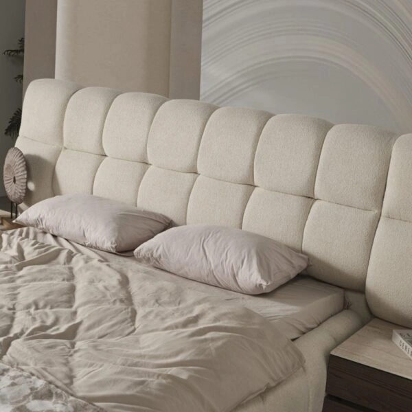 Artekko Midnight Εκρού Υφασμάτινο Διπλό Κρεβάτι (260x230x125)cm για Στρώμα(180x200) MDF 2pcs Κομοδίνα (65x48x40)cm Ντουλάπα με Καθρέπτη και Φωτισμό (270x63x230)cm Συρταριέρα (160x48x78)cm και Καθρέπτη (90x90x5)cm