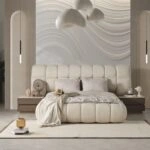 Artekko Midnight Εκρού Υφασμάτινο Διπλό Κρεβάτι (260x230x125)cm για Στρώμα(180x200) MDF 2pcs Κομοδίνα (65x48x40)cm Ντουλάπα με Καθρέπτη και Φωτισμό (270x63x230)cm Συρταριέρα (160x48x78)cm και Καθρέπτη (90x90x5)cm