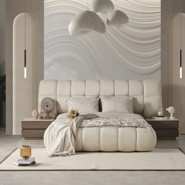 Artekko Midnight Εκρού Υφασμάτινο Διπλό Κρεβάτι (260x230x125)cm για Στρώμα(180x200) MDF 2pcs Κομοδίνα (65x48x40)cm Ντουλάπα με Καθρέπτη και Φωτισμό (270x63x230)cm Συρταριέρα (160x48x78)cm και Καθρέπτη (90x90x5)cm