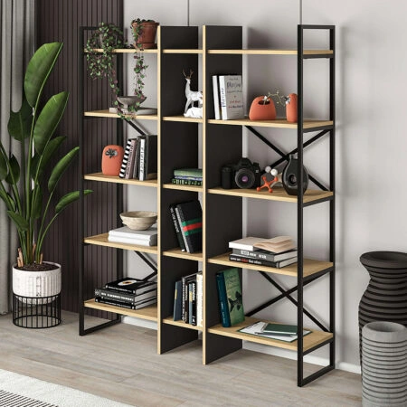 Βιβλιοθήκη Detroit χρώμα sapphire oak - silky black 143,5x35,2x175εκ.