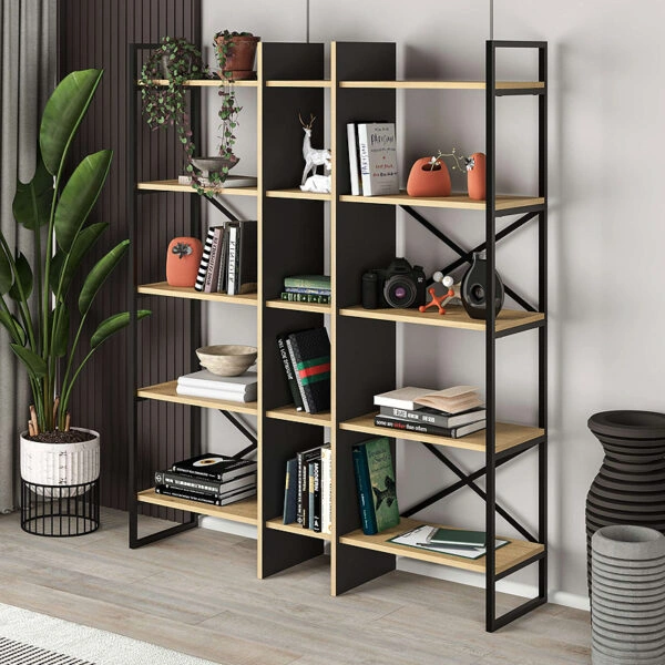 Βιβλιοθήκη Detroit χρώμα sapphire oak - silky black 143,5x35,2x175εκ.