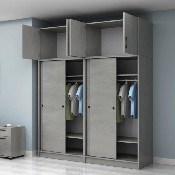 Ντουλάπα ρούχων Regio Megapap τετράφυλλη συρόμενη με πατάρι χρώμα γκρι σκυροδέματος 200x60x240εκ.