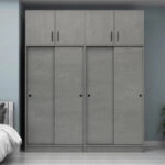 Ντουλάπα ρούχων Regio Megapap τετράφυλλη συρόμενη με πατάρι χρώμα γκρι σκυροδέματος 200x60x240εκ.