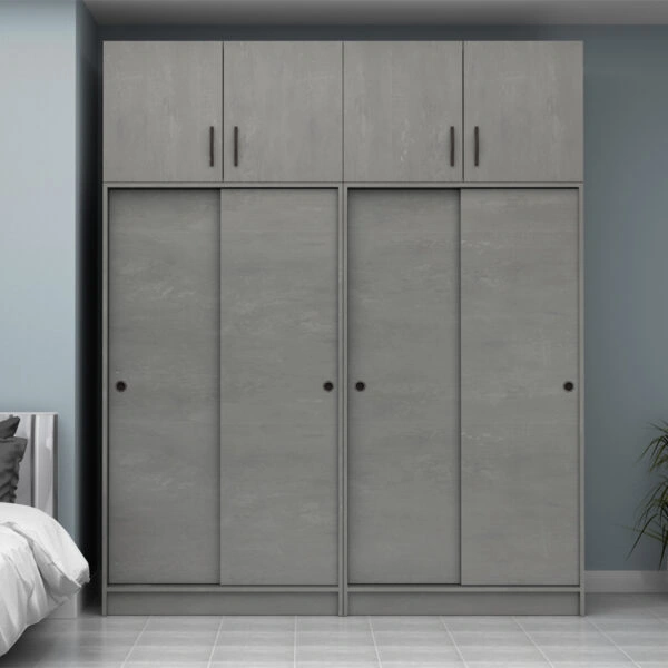 Ντουλάπα ρούχων Regio Megapap τετράφυλλη συρόμενη με πατάρι χρώμα γκρι σκυροδέματος 200x60x240εκ.
