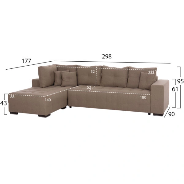ΓΩΝΙΑΚΟΣ ΚΑΝΑΠΕΣ-ΚΡΕΒΑΤΙ ΜΕ ΑΠΟΘ.ΧΩΡΟ TRENDSTON HM3302.03L ΜΠΕΖ ΥΦΑΣΜΑ 298x177x95Υεκ
