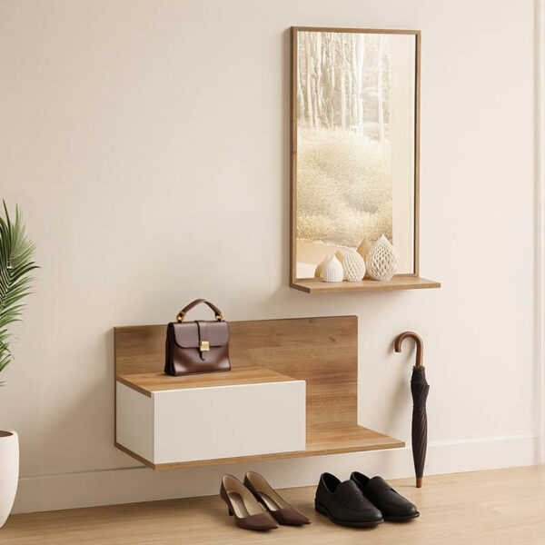 Έπιπλο εισόδου με καθρέπτη Miranda  σε λευκή-oak απόχρωση 60x30x89.5εκ