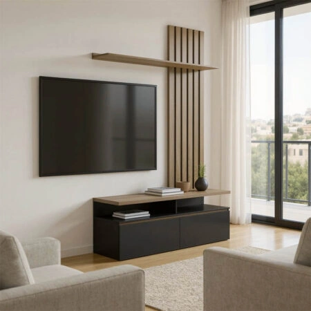 Σύνθετο σαλονιού Perlento  σε μαύρο με sonoma απόχρωση 140x41x219.5εκ