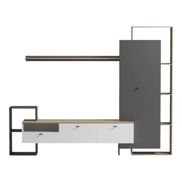 Σύνθετο σαλονιού Ferefia  σε sonoma με λευκή και ανθρακί απόχρωση 240x45.5x189.5εκ