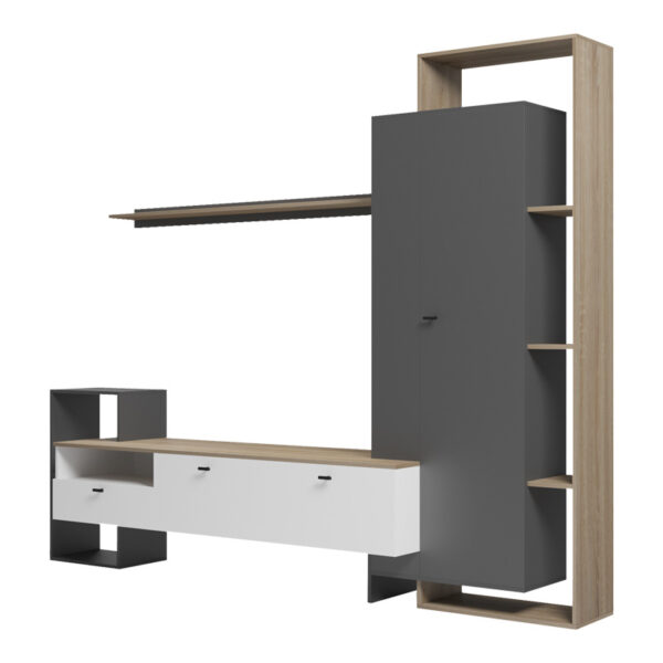 Σύνθετο σαλονιού Ferefia  σε sonoma με λευκή και ανθρακί απόχρωση 240x45.5x189.5εκ