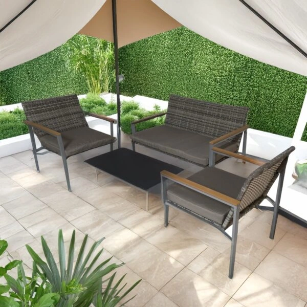 Artekko Rattan Διθέσιος Καναπές (105x65x75)cm 2x Πολυθρόνες (58x60x75)cm Τραπέζι με Τζάμι (84x45x38)cm με Πλαστικ Ρατάν Μεταλλικό Σκελετό και Ξύλο Γκρι Καφέ και Καφέ Μαξιλάρι Σετ/4