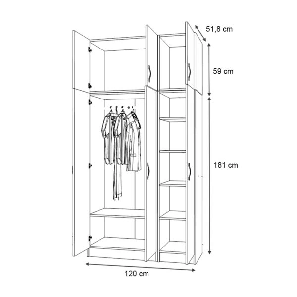 Ντουλάπα ρούχων Vivian Megapap τρίφυλλη με πατάρι χρώμα λευκό 120x51,8x240εκ.